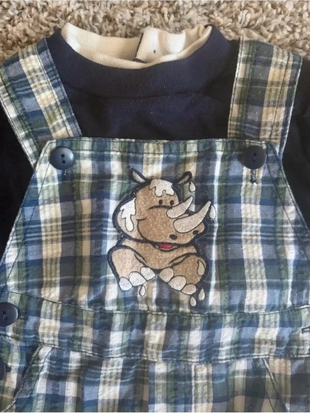 Vintage Blue Plaid Baby Overalls with Navy Tee - Elephant & Rhino Embroidery